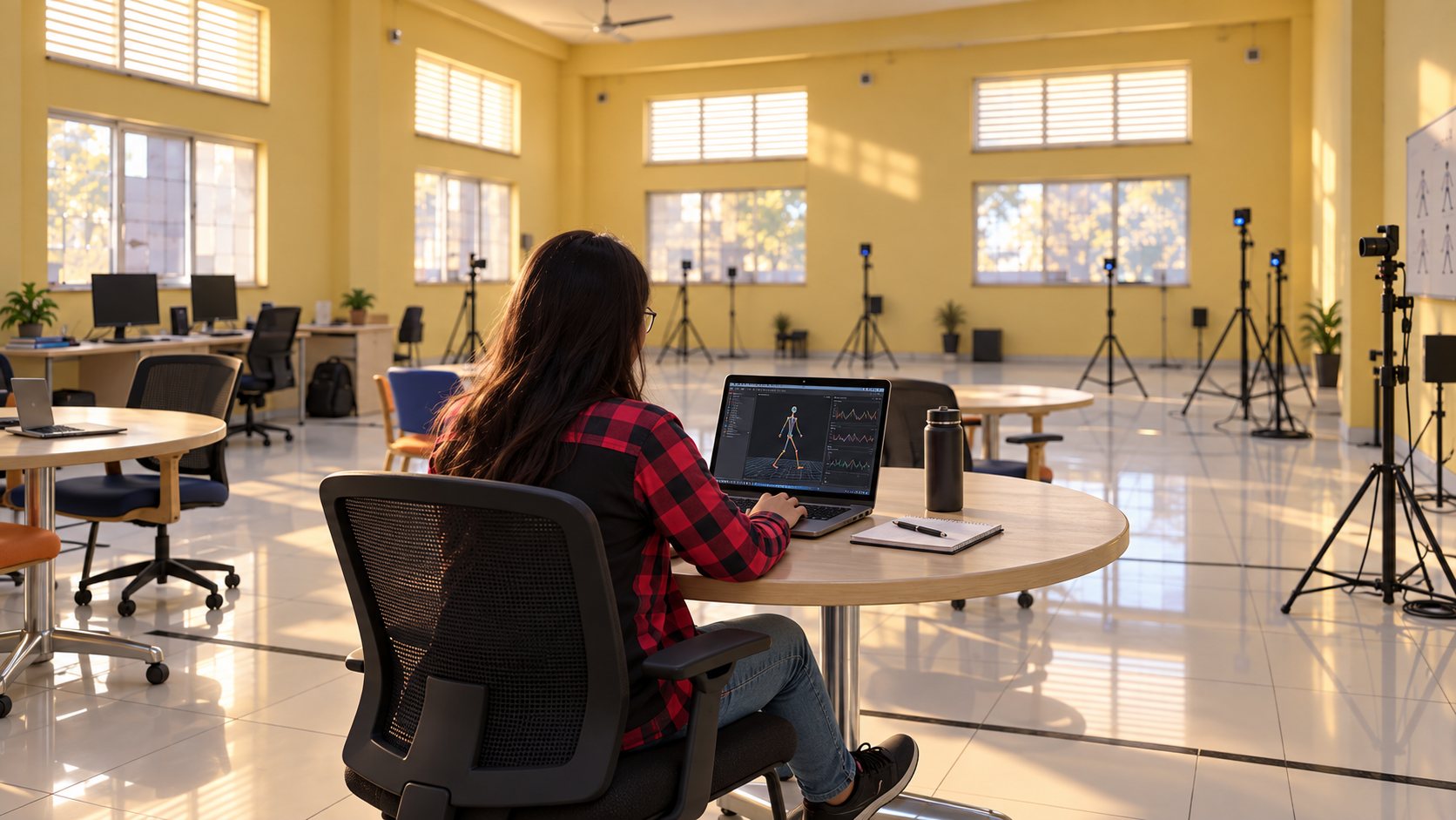 A researcher seen from behind, sitting at a round table in the GaitAI biometrics lab and working at a laptop that shows a pose skeleton, with camera tripods standing around the bright room.