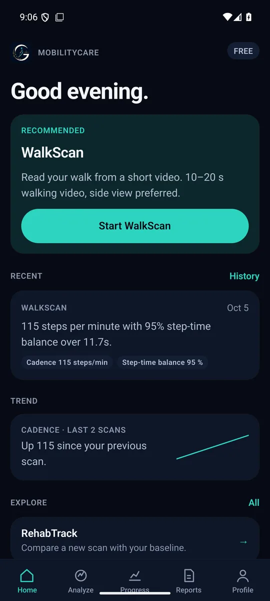 MobilityCare home screen: a recommended WalkScan card with a Start WalkScan button, a recent scan reading 115 steps per minute with 95% step-time balance, and a cadence trend line.