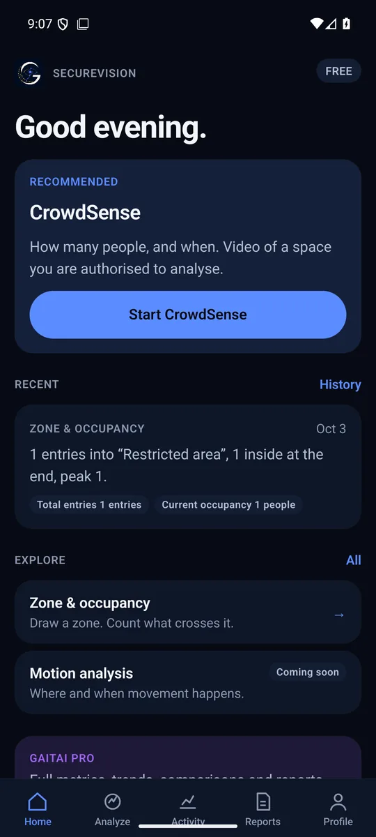 SecureVision home screen: a recommended CrowdSense card with a Start CrowdSense button, a recent Zone and occupancy result, and Explore cards for Zone and occupancy and Motion analysis.