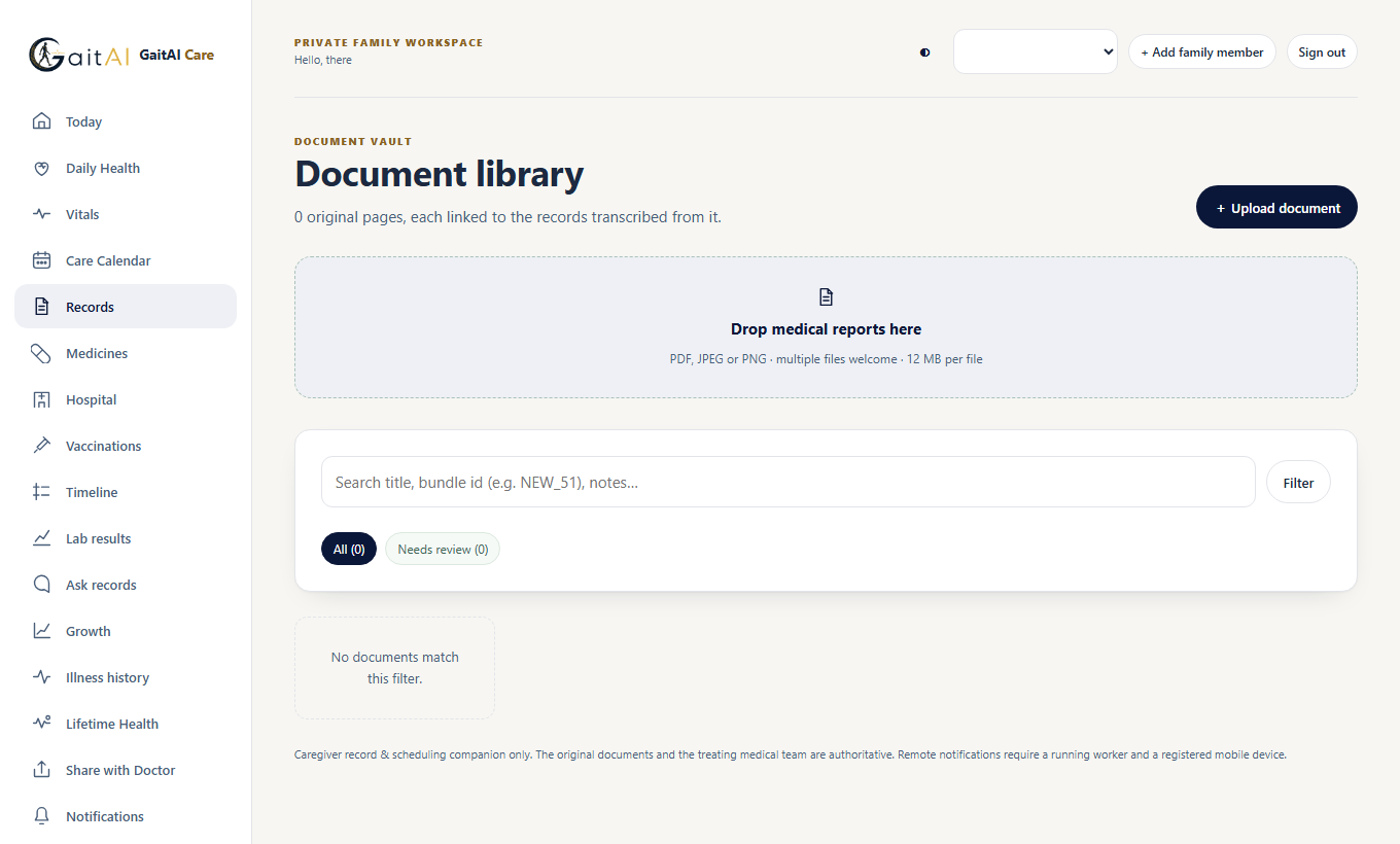 GaitAI Care document library with upload, review filters and health-record navigation, shown with no records.