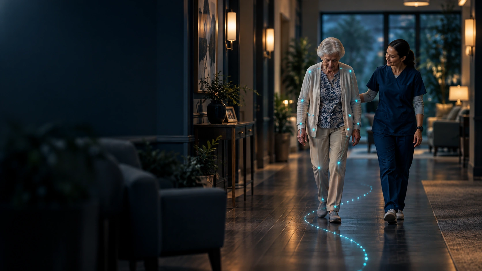 Older woman walks with clinician support and visible balance/gait tracking markers.