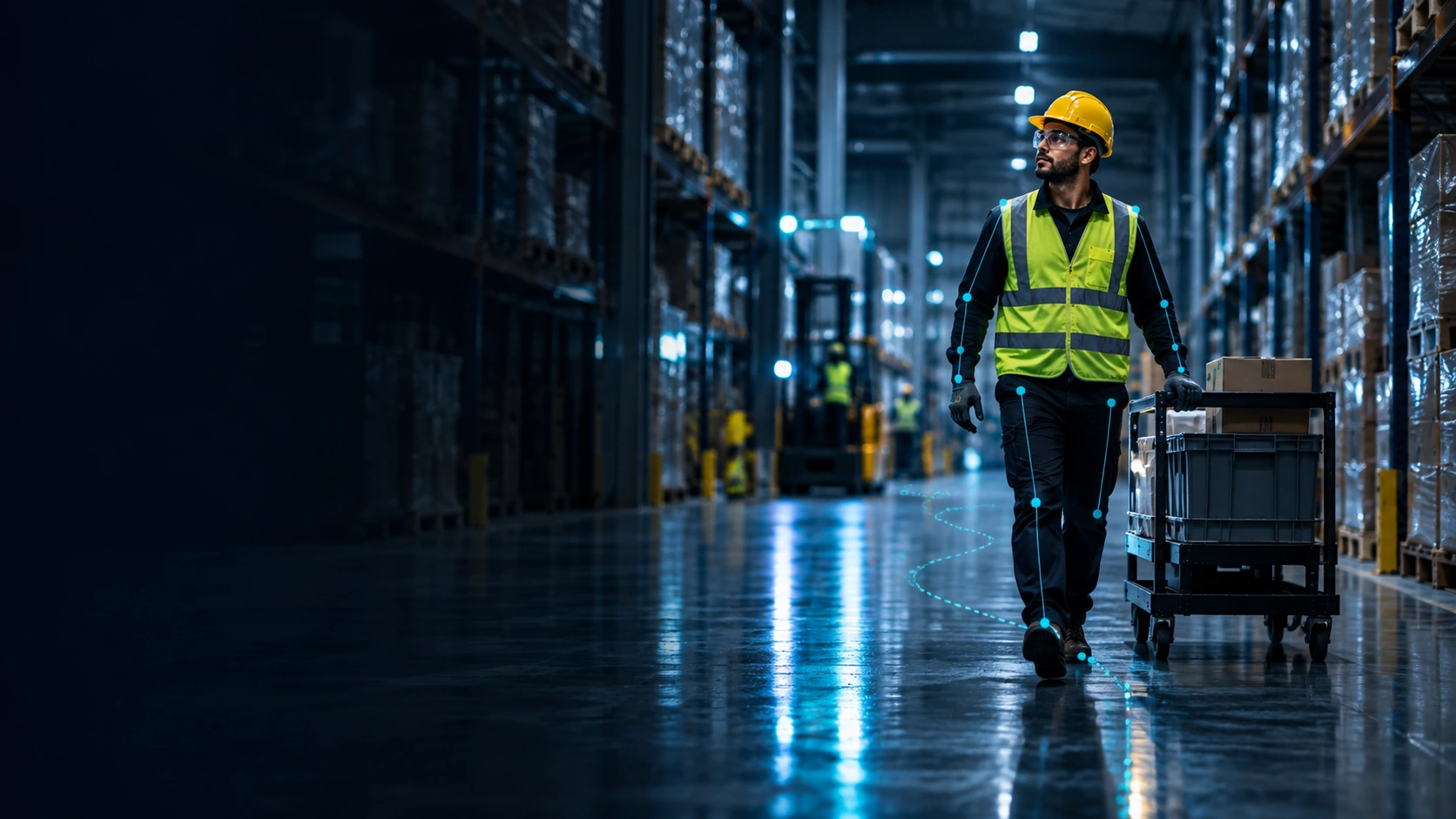 Movement tracking around warehouse walking, cart handling and lifting.