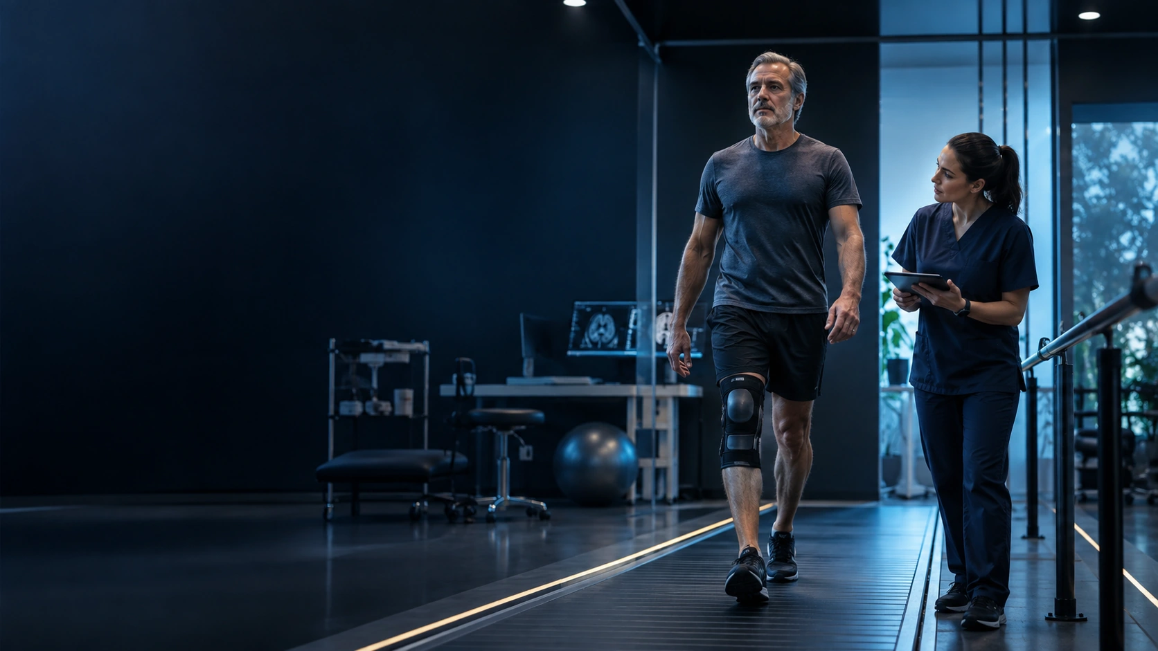 Clinician observes a walking assessment with brain-scan monitors in the background.