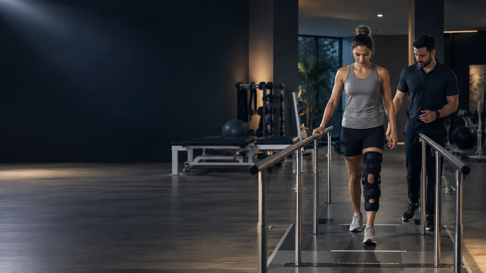 Woman wearing a knee brace practices walking between parallel bars with a physiotherapist.