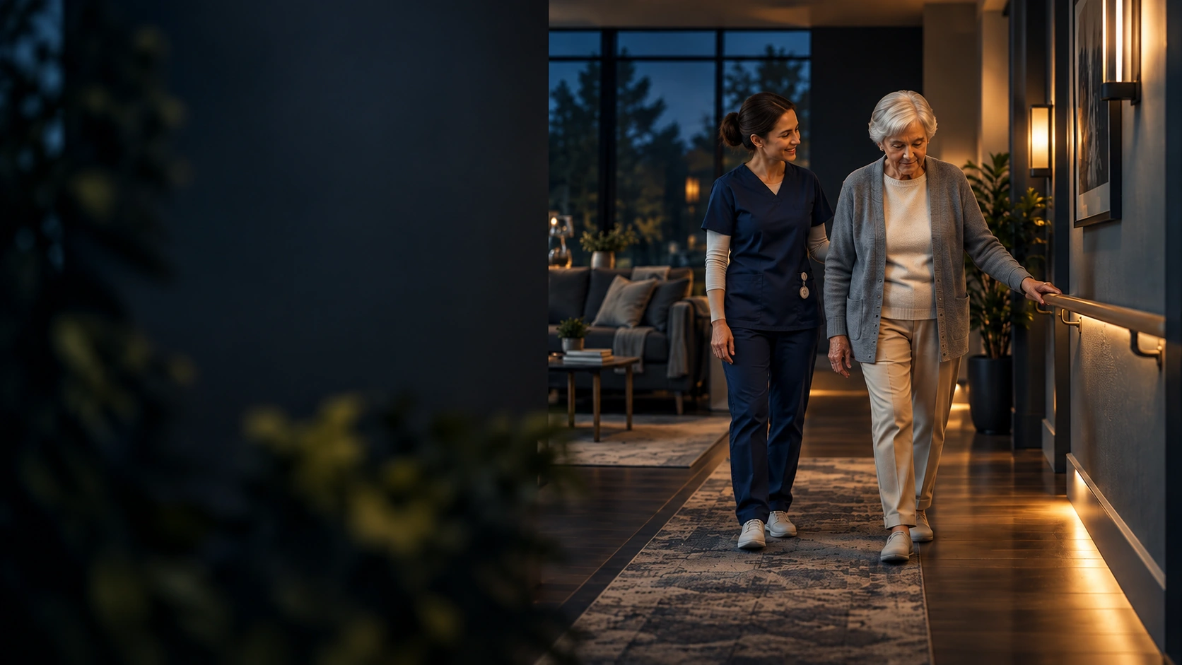 Older woman receives walking support from a caregiver in residential care.