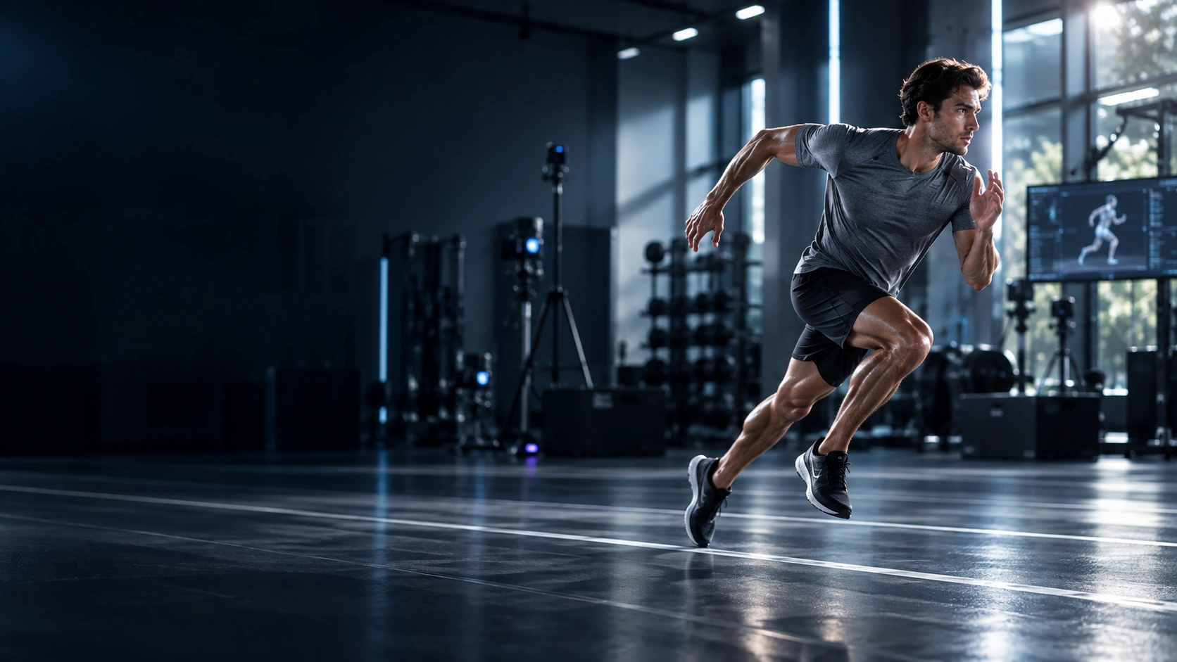 Athlete accelerates between training cones in a sports biomechanics lab.