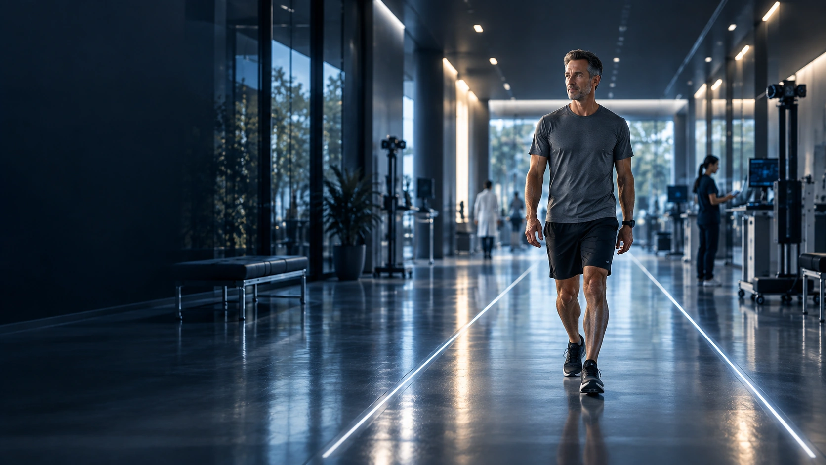Adult walks along a marked gait-assessment lane in a movement lab.