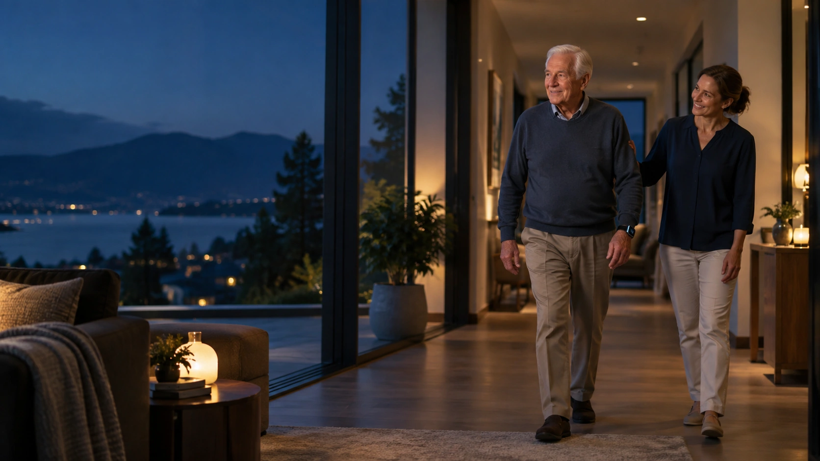 Older adult wearing a smartwatch walks with a companion at home.